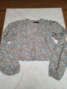 Nasty Gal Teal Floral V-Neck Long Sleeve Blouse